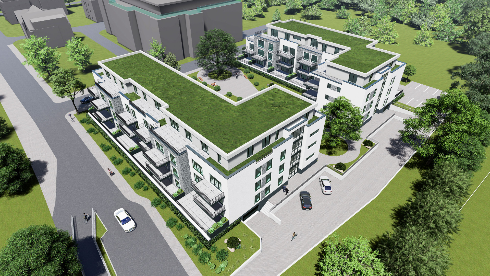 Parkresidenz Gotha Vogelperspektive, Neubau Wohnanlagen, grüne Dächer, moderne Architektur, Wohnkomplex mit Parkplätzen, Immobilien Gotha