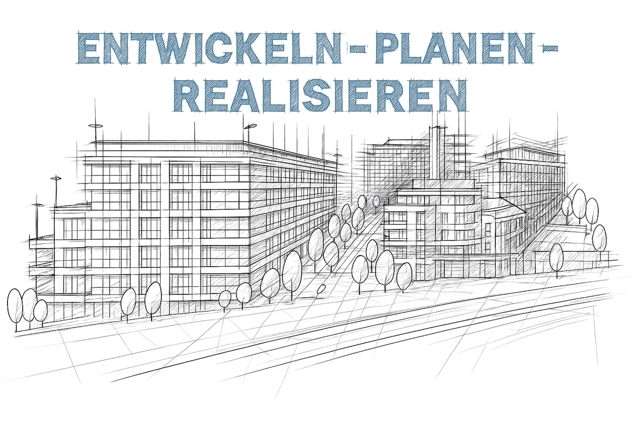 Skizze der Kernkompetenzen Projektentwicklung, Planung und Realisierung von Immobilien in NRW.