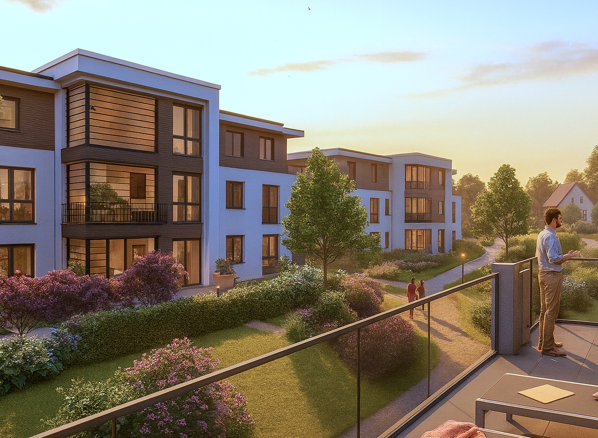 Visualisierung des aktuellen Neubauprojekts in Gotha mit moderner Architektur und gepflegter Außenanlage.